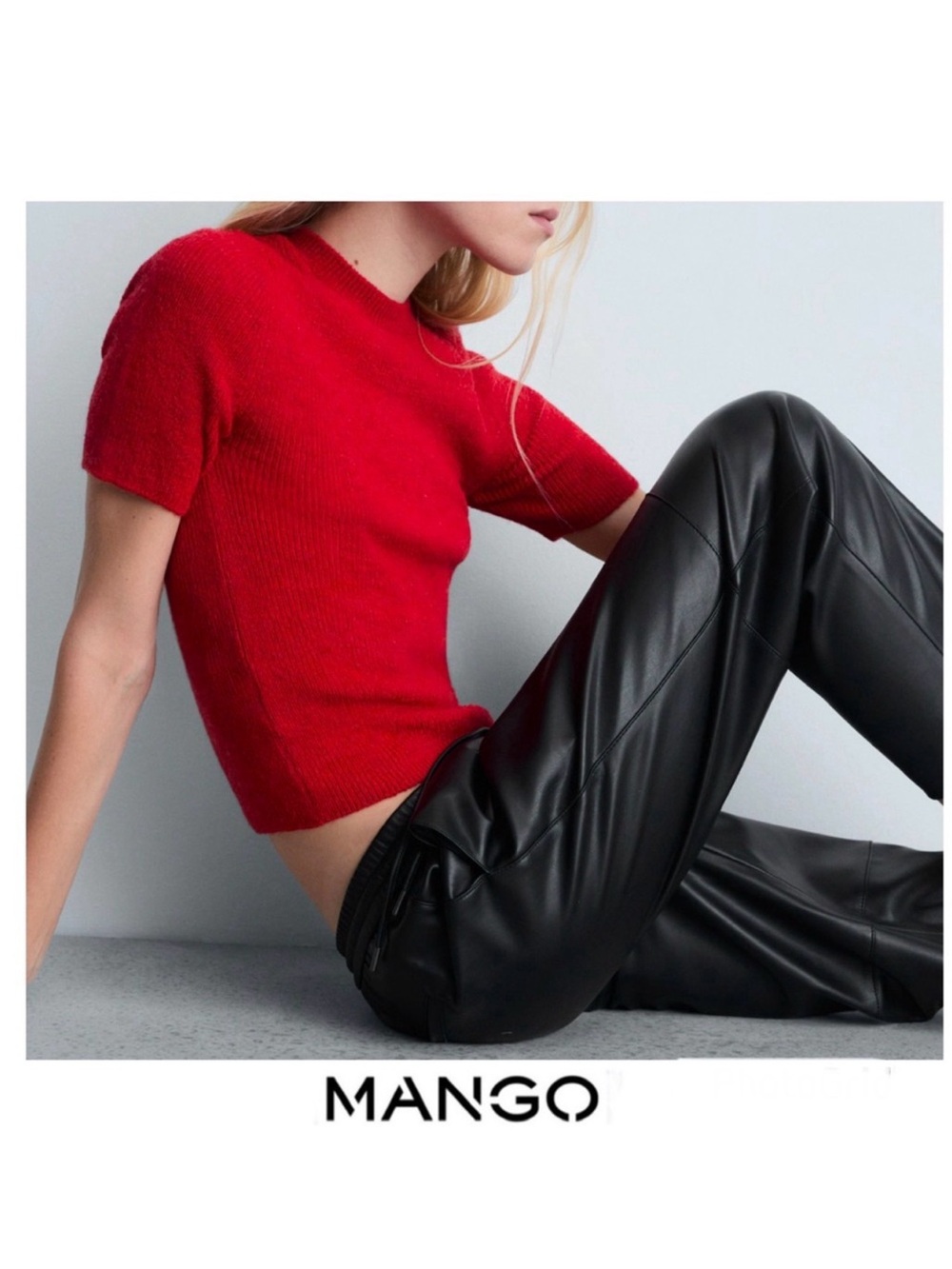 MANGO Black Faux Leather 100% Polyester High Waist Straight Leg Long Pants Sz 12